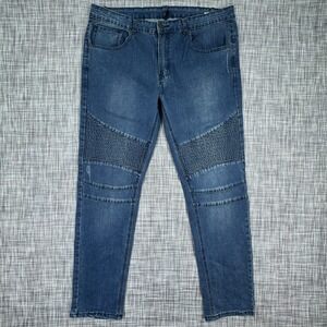 Young & Reckless Mens Jeans Moto Biker Slim Blue Size 38 Distressed Ribbed Denim